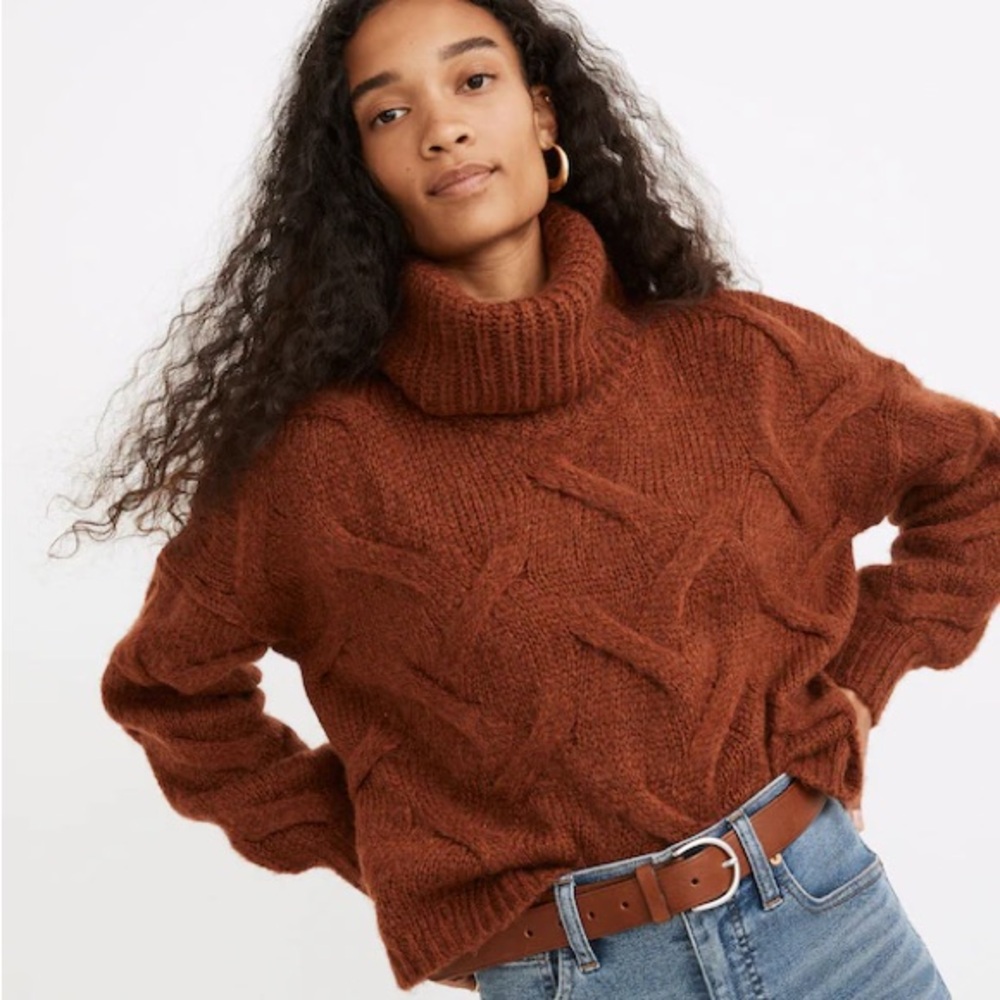 Madewell Somervell Modern Cable Turtleneck Sweater, Size L, Heather Cinnabar - Picture 6 of 7
